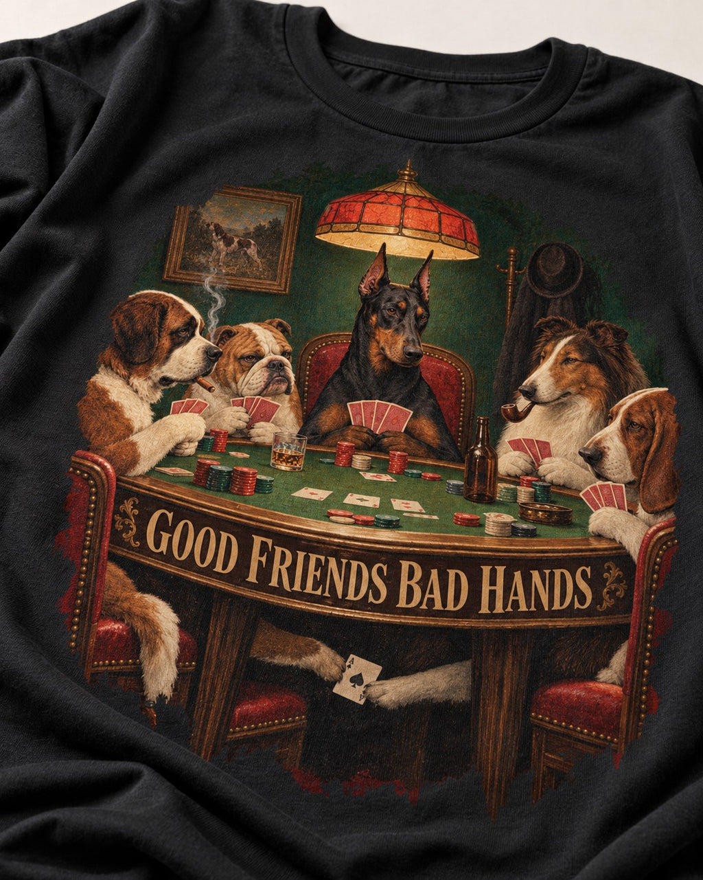 Doberman Good Friends Bad Hands Poker Night Graphic T-Shirt in Black, close-up of the graphic