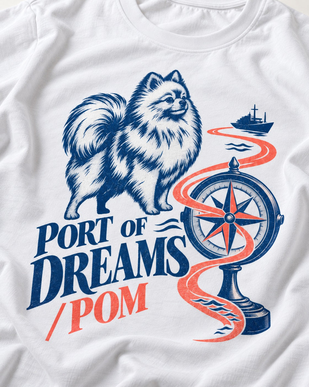 Pomeranian Port of Dreams T-Shirt in White, close-up of the graphic