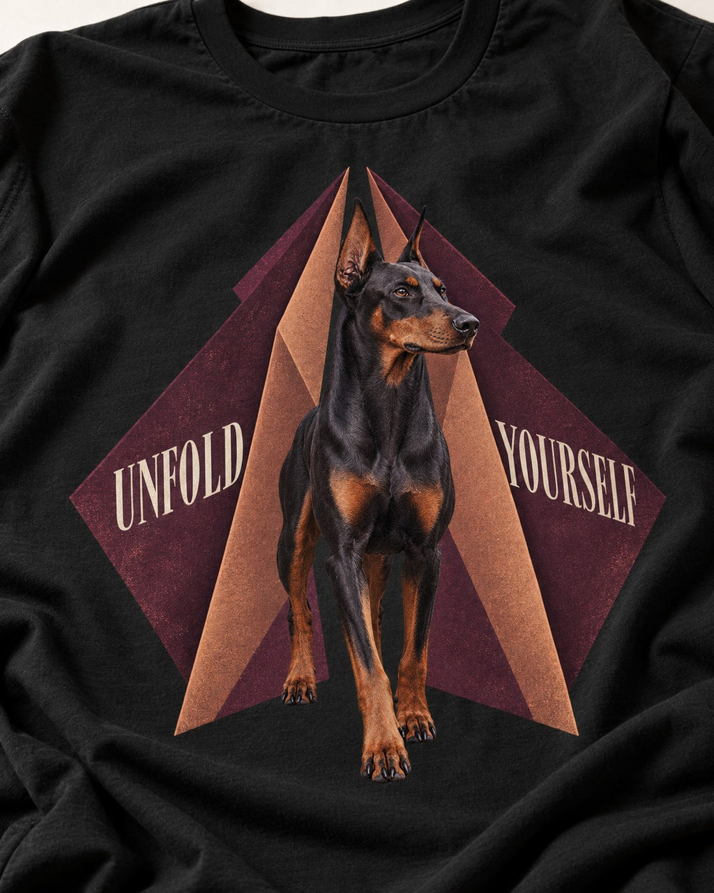 Doberman Unfold Yourself Geometric Portrait Graphic T-Shirt in Black, close-up of the graphic