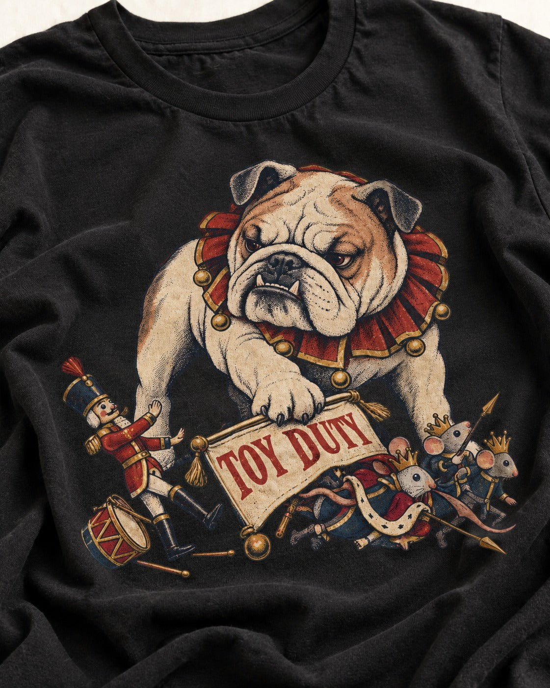 English Bulldog Toy Duty Nutcracker Mice T-Shirt in Black, close-up of the graphic
