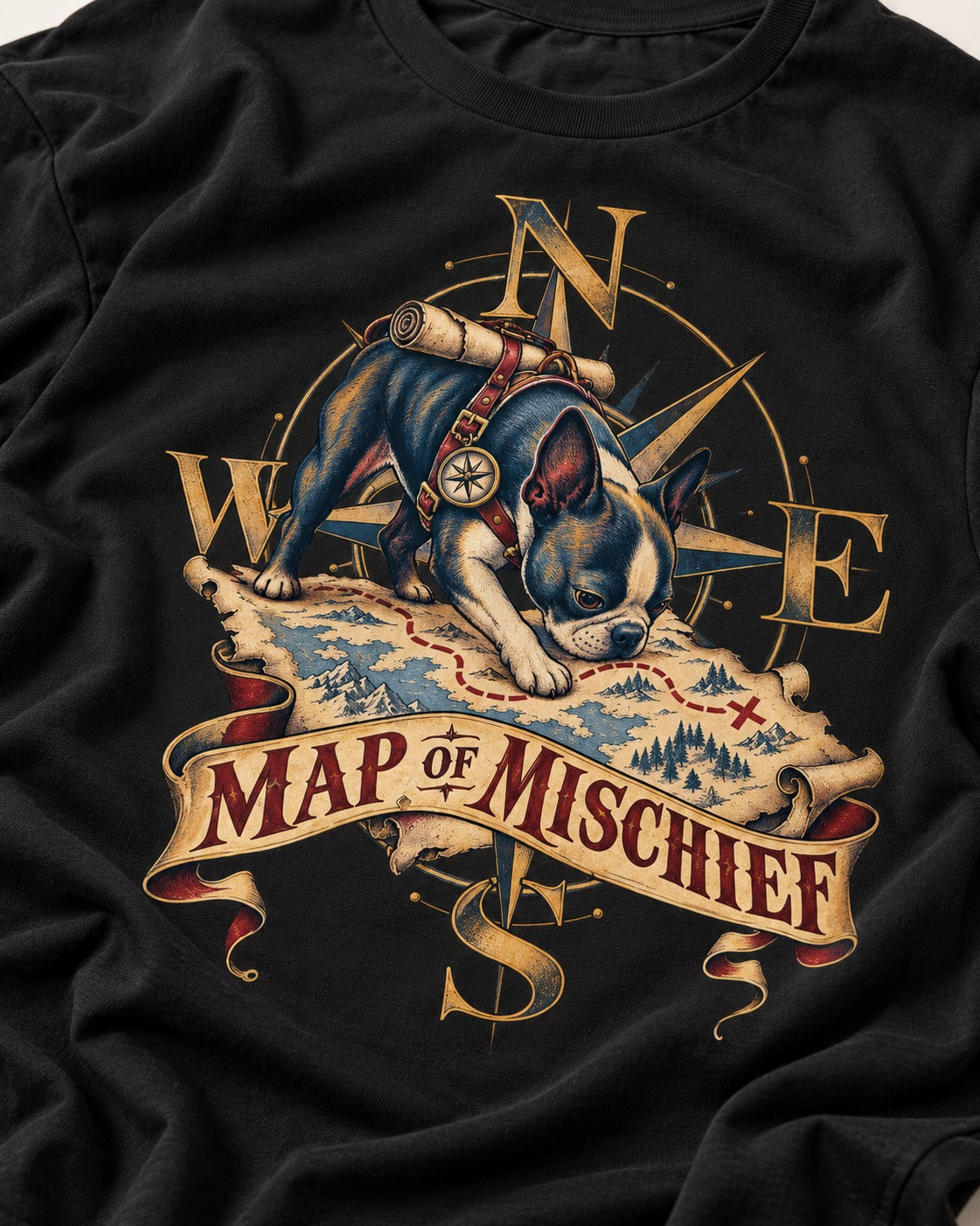 Map of Mischief Boston Terrier T-Shirt in Black, close-up of the graphic
