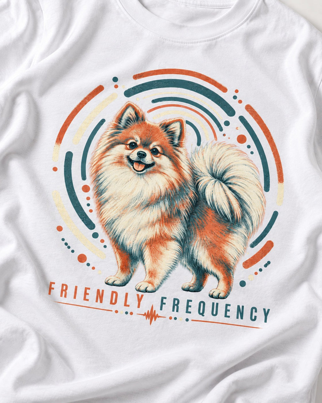 Friendly Frequency Pomeranian T-Shirt in White, close-up of the graphic