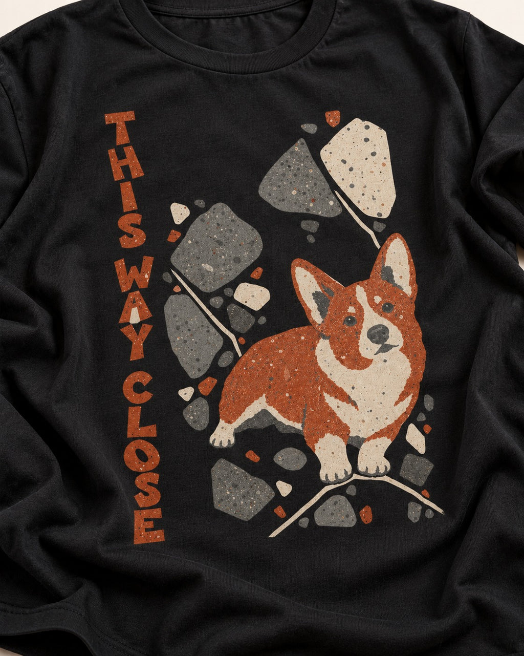 Corgi This Way Close Rubble Graphic T-Shirt in Black, close-up of the graphic