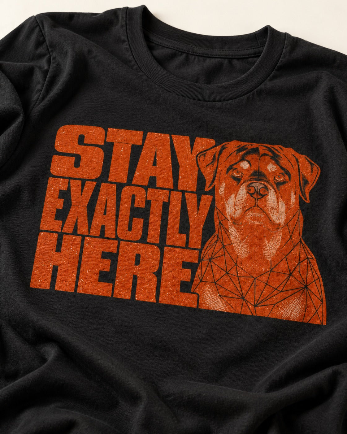 Rottweiler Stay Exactly Here Block Portrait Graphic T-Shirt in Black, close-up of the graphic