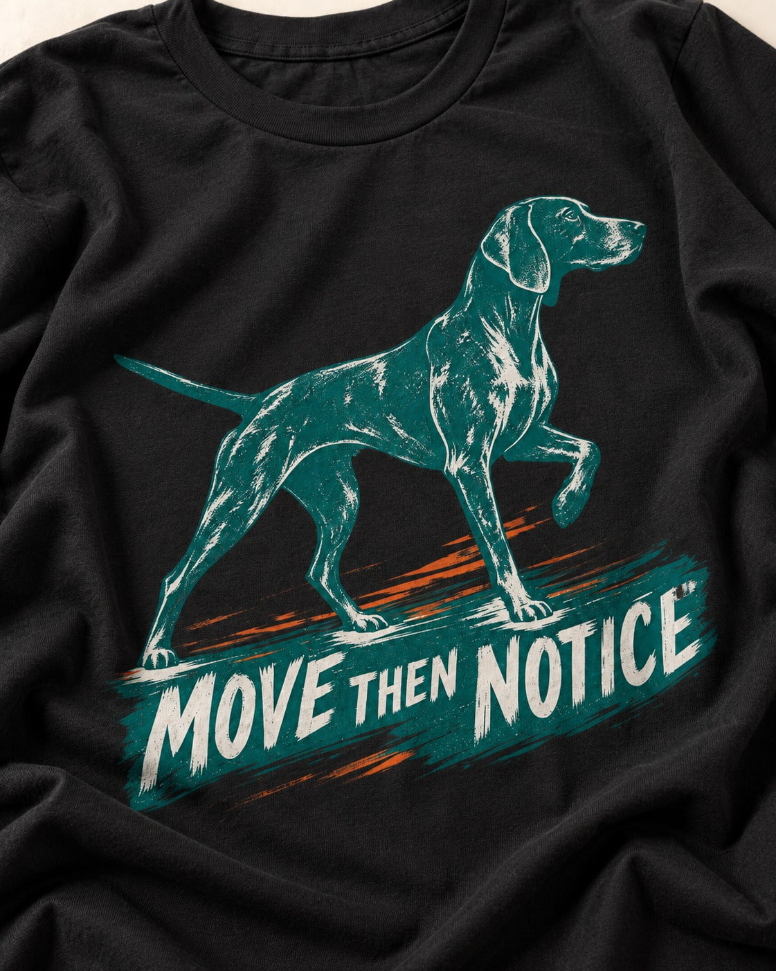 German Shorthaired Pointer Move Then Notice Brushstroke Graphic T-Shirt in Black, close-up of the graphic