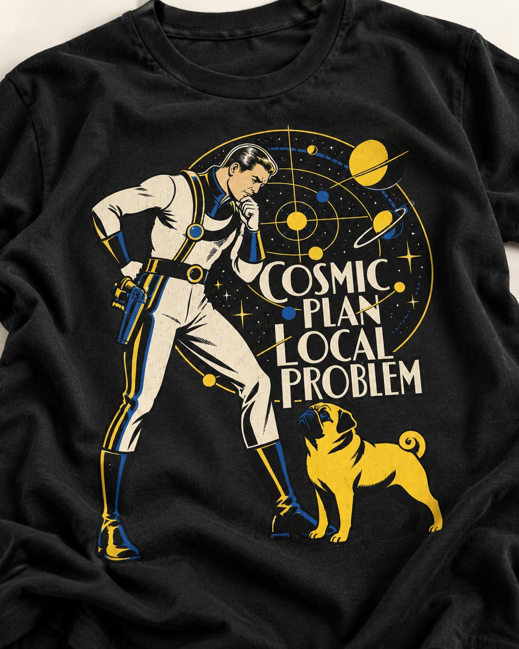 Pug Cosmic Plan Local Problem Astronaut Graphic T-Shirt in Black, close-up of the graphic