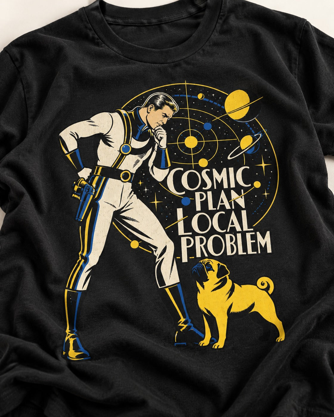 Pug Cosmic Plan Local Problem Astronaut Graphic T-Shirt in Black, close-up of the graphic