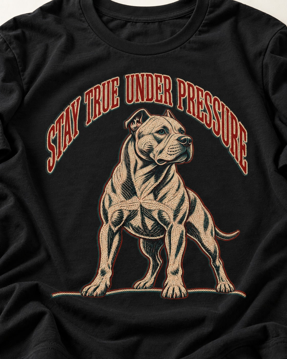 Pitbull Stay True Under Pressure Stance Graphic T-Shirt in Black, close-up of the graphic