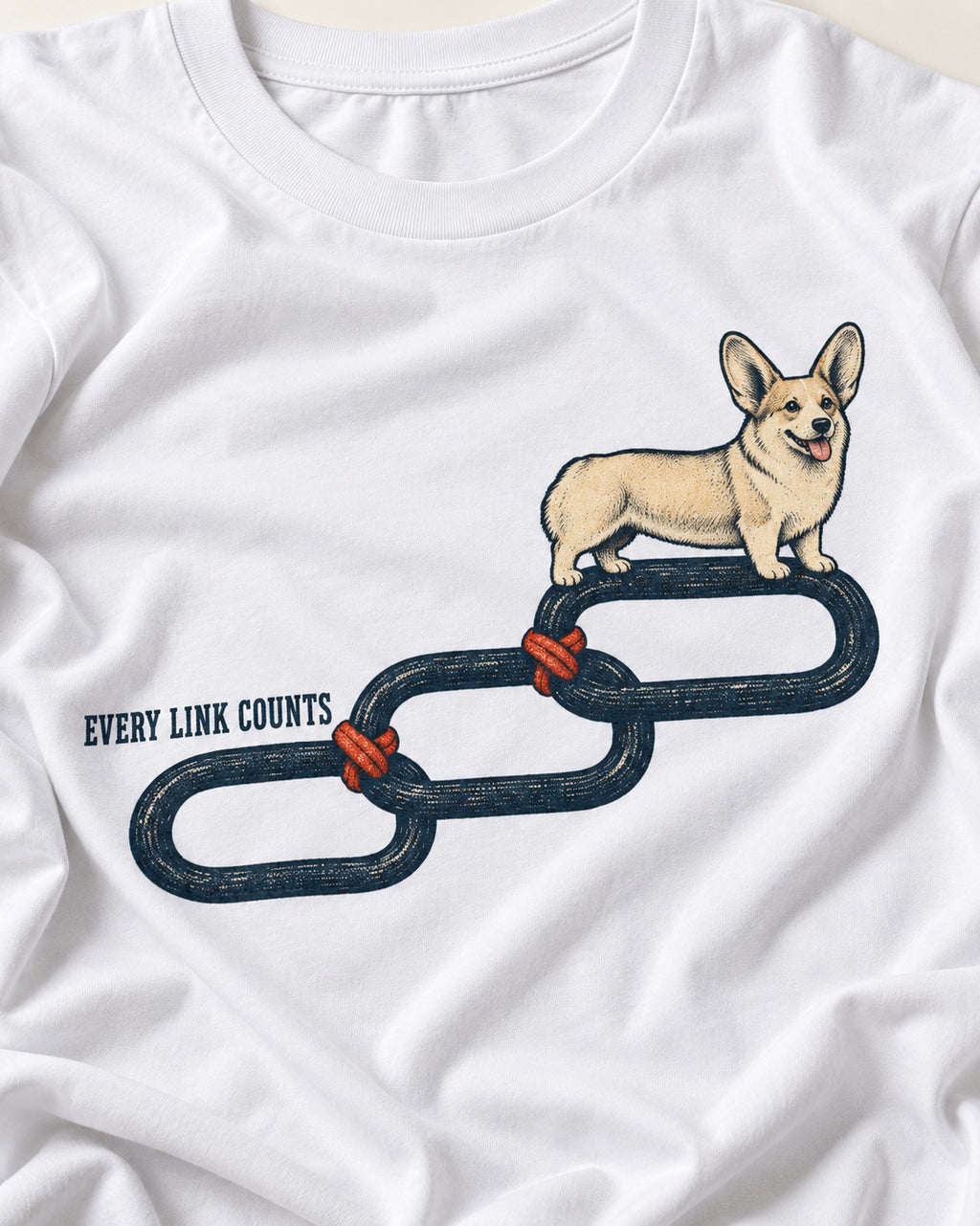Every Corgi Link Counts T-Shirt in White, close-up of the graphic