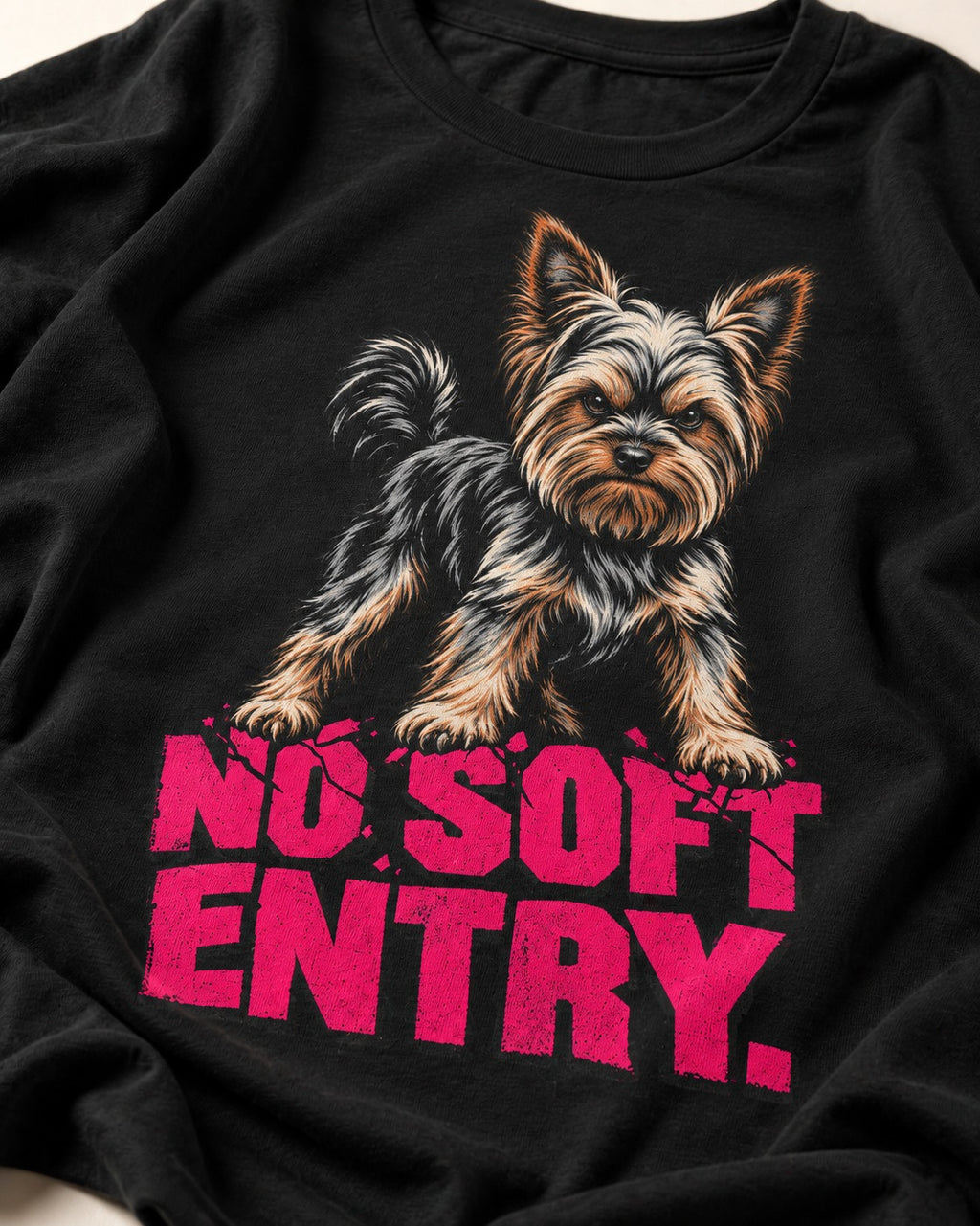 Yorkshire Terrier No Soft Entry Stance Graphic T-Shirt in Black, close-up of the graphic