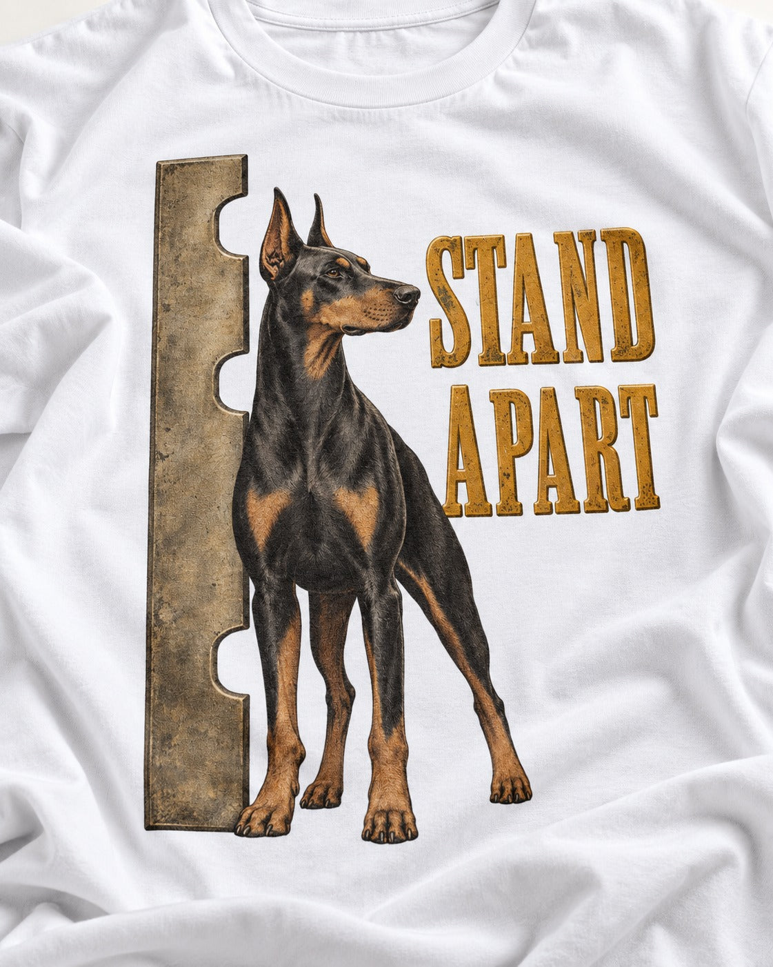 Doberman Stand Apart T-Shirt in White, close-up of the graphic