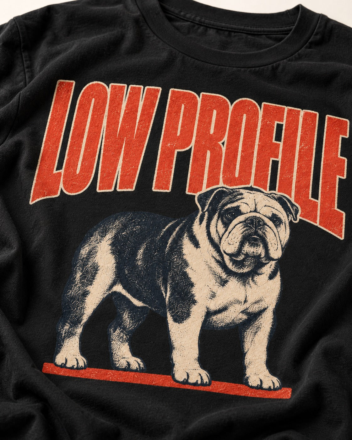 English Bulldog Low Profile Standing Graphic T-Shirt in Black, close-up of the graphic