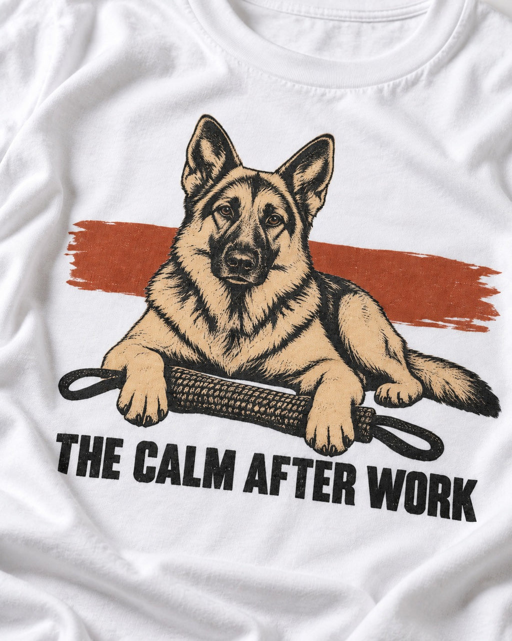 German Shepherd Dog The Calm After Work T-Shirt in White, close-up of the graphic