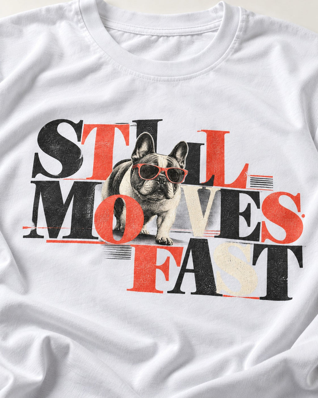 Frenchie Still Moves Fast T-Shirt in White, close-up of the graphic