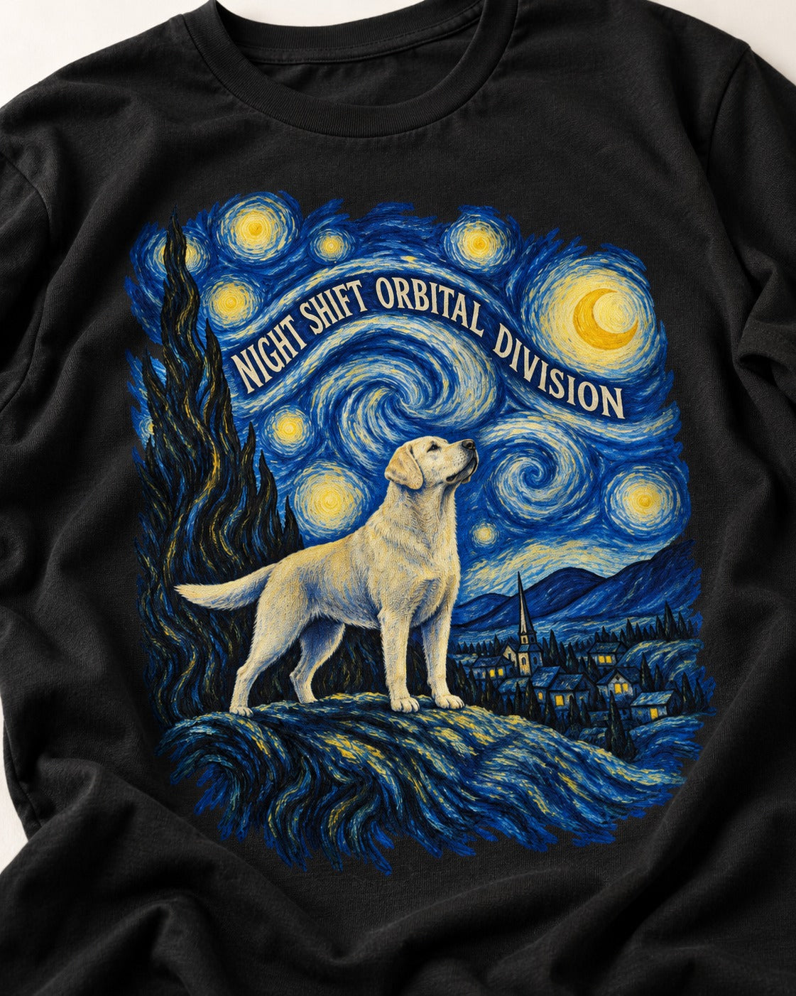 Labrador Retriever Night Shift Orbital Division Starry Night Graphic T-Shirt in Black, close-up of the graphic