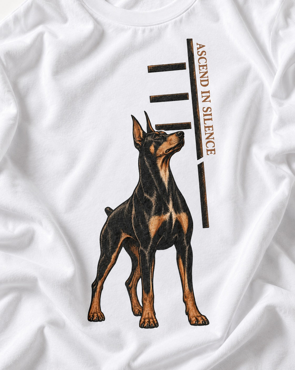 Doberman Ascend in Silence T-Shirt in White, close-up of the graphic