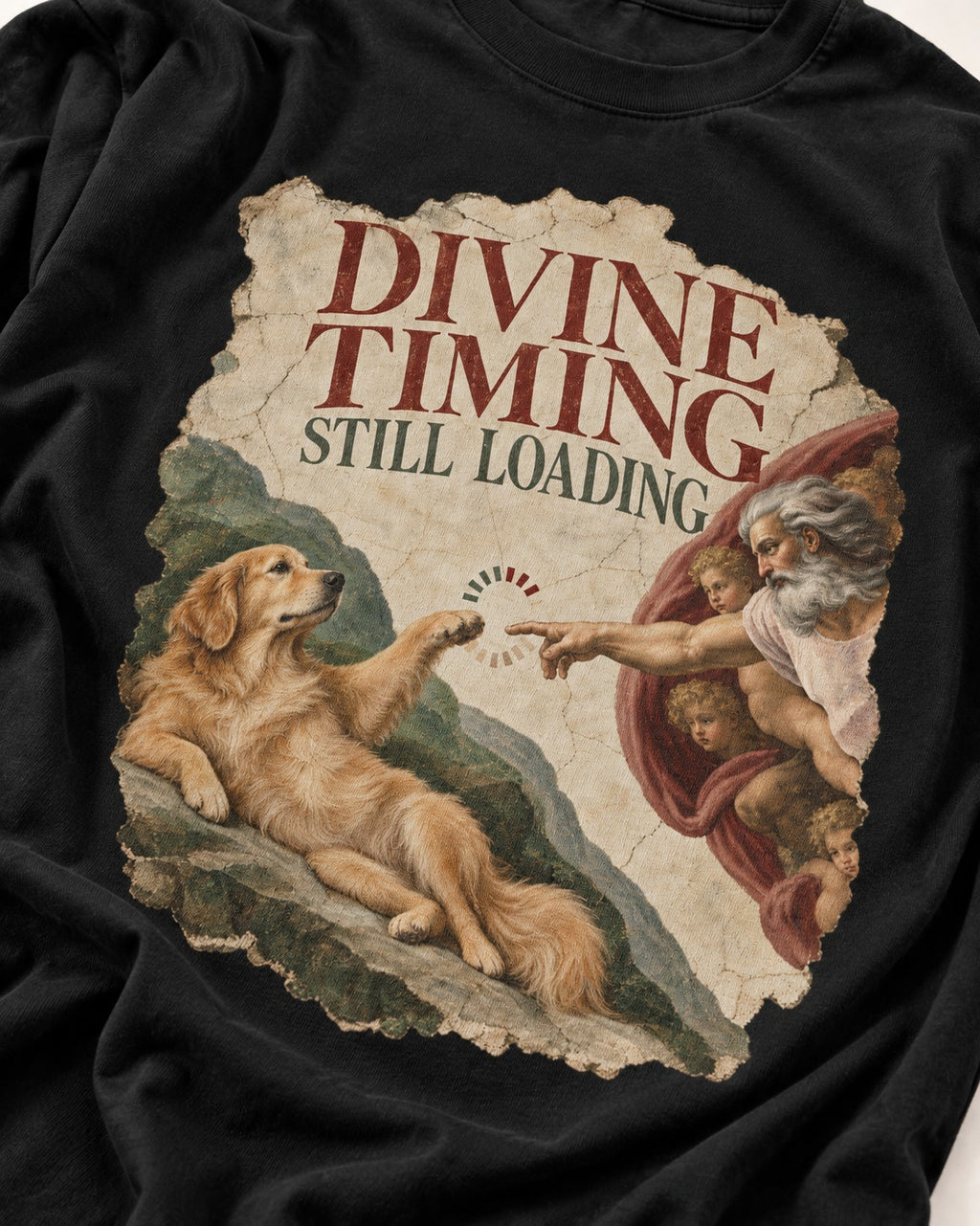 Divine Timing Still Loading Creation Scene Golden Retriever Graphic T-Shirt in Black, close-up of the graphic