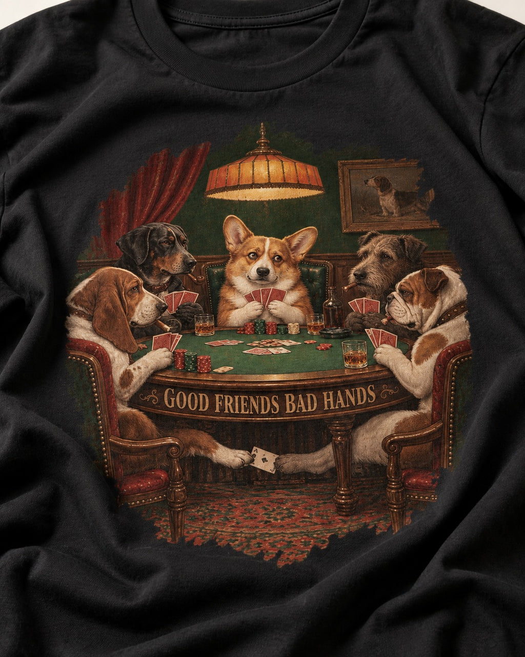 Corgi Good Friends Bad Hands Poker Night T-Shirt in Black, close-up of the graphic