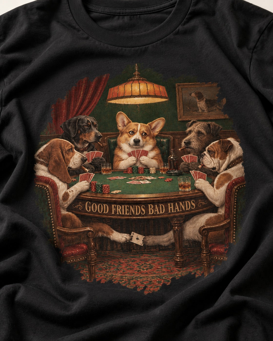 Corgi Good Friends Bad Hands Poker Night T-Shirt in Black, close-up of the graphic