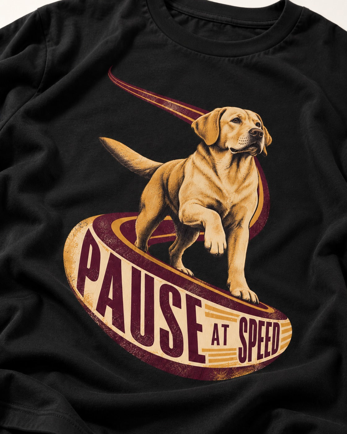 Labrador Retriever Pause at Speed Ribbon Graphic T-Shirt in Black, close-up of the graphic