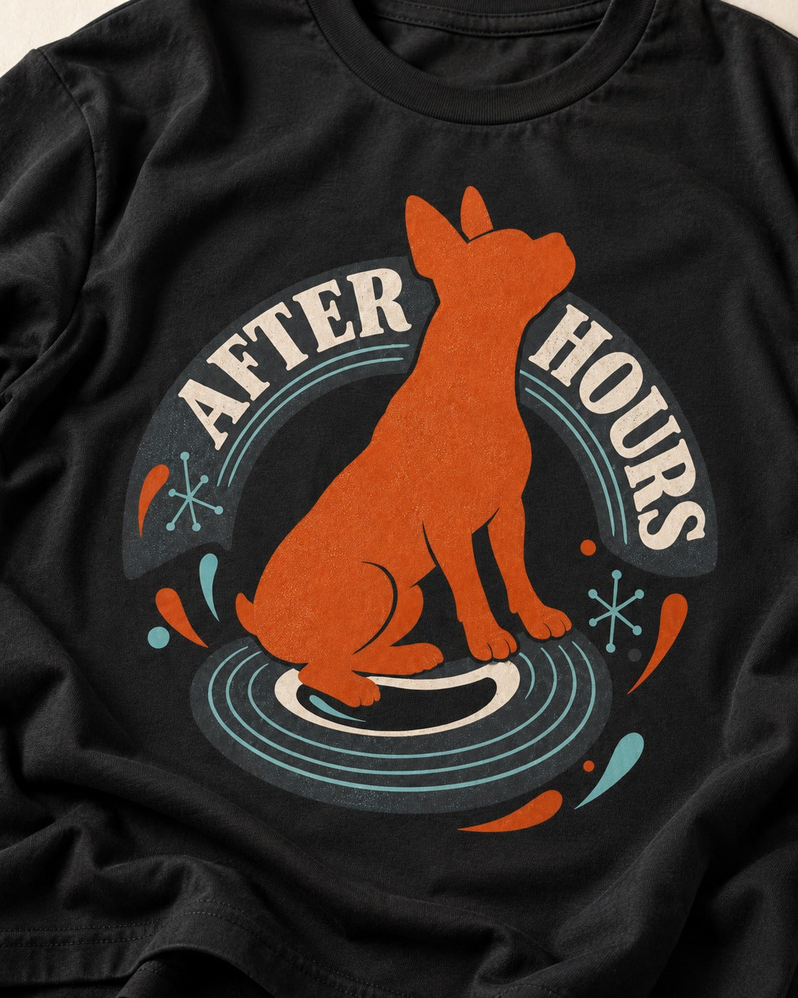 After Hours Boston Terrier Record Graphic T-Shirt in Black, close-up of the graphic