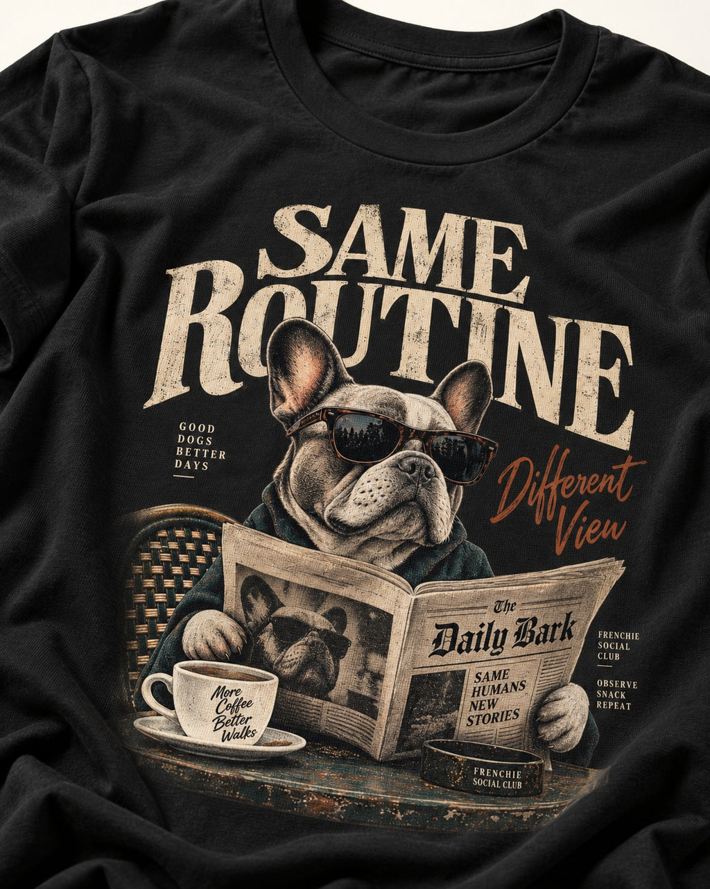Frenchie Same Routine Different View Graphic T-Shirt in Black, close-up of the graphic