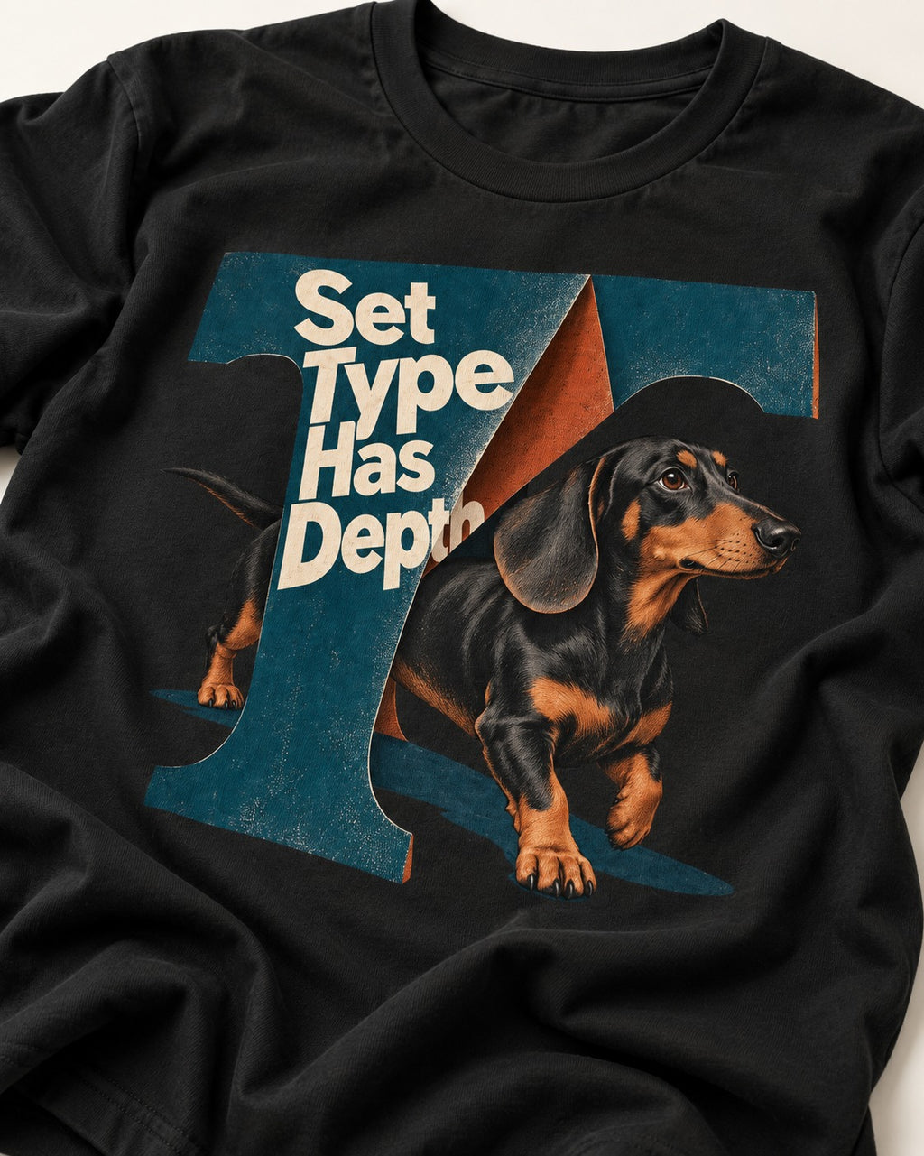 Dachshund Set Type Has Depth Folded Letter Graphic T-Shirt in Black, close-up of the graphic