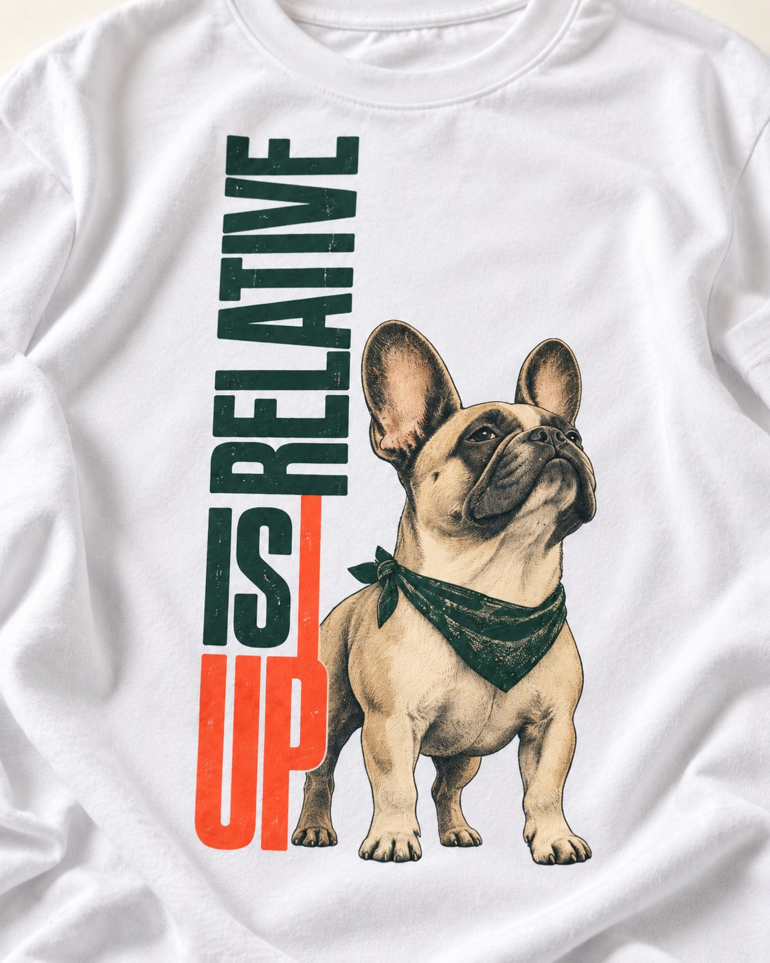 Up Is Relative Frenchie T-Shirt in White, close-up of the graphic