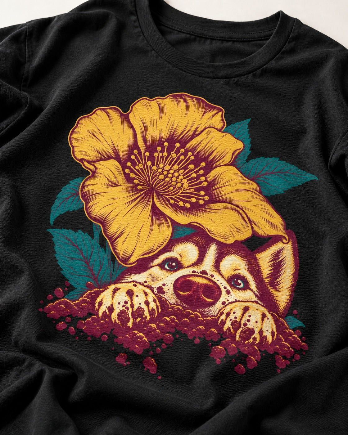 Husky Flower Witness Peeking Floral Graphic T-Shirt in Black, close-up of the graphic