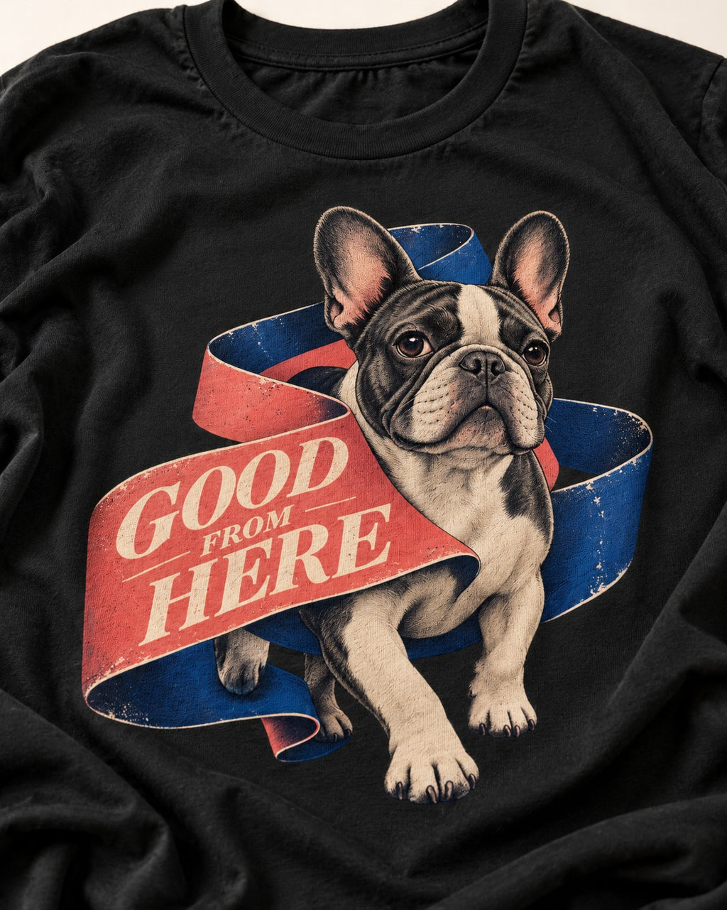 Frenchie Good From Here Ribbon Graphic T-Shirt in Black, close-up of the graphic