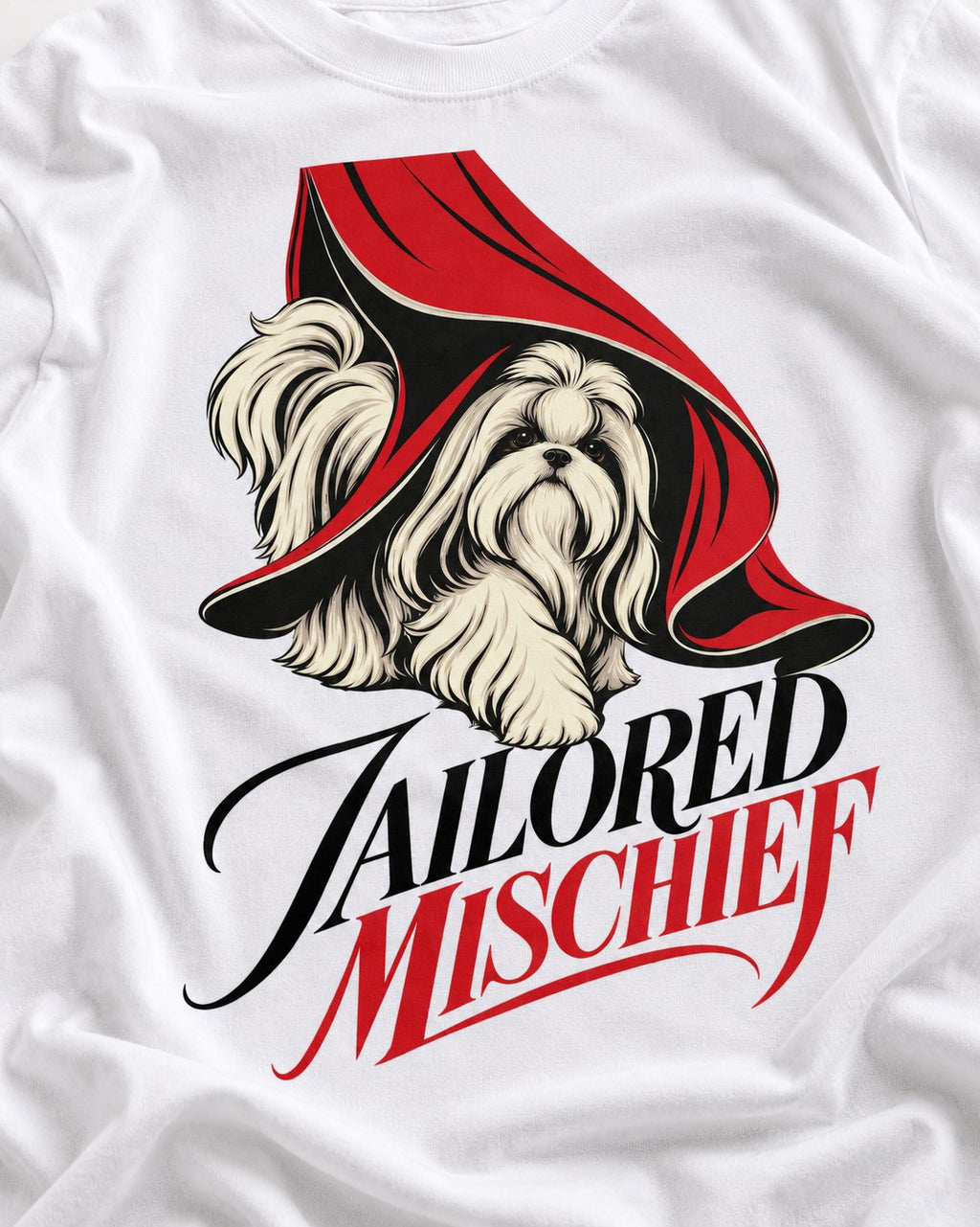Tailored Mischief Shih Tzu T-Shirt in White, close-up of the graphic