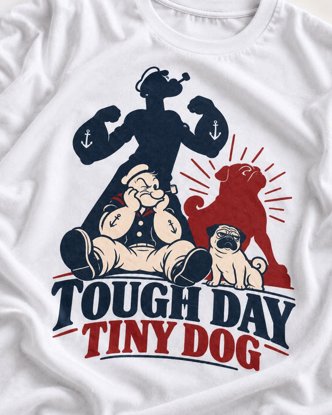 Tough Day Tiny Pug T-Shirt in White, close-up of the graphic