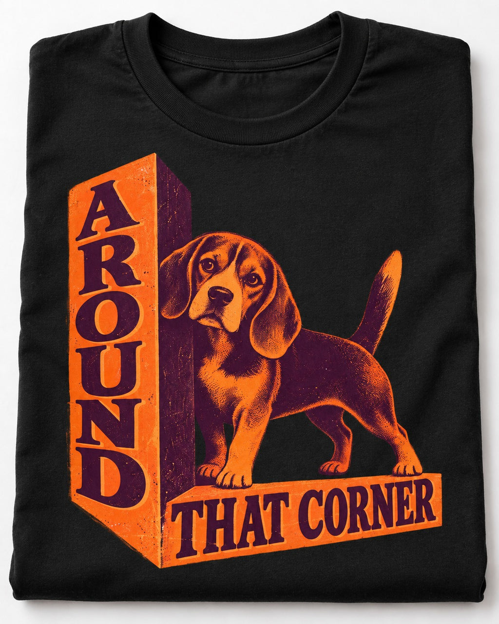 Beagle Around That Corner Graphic T-Shirt in Black, close-up of the graphic