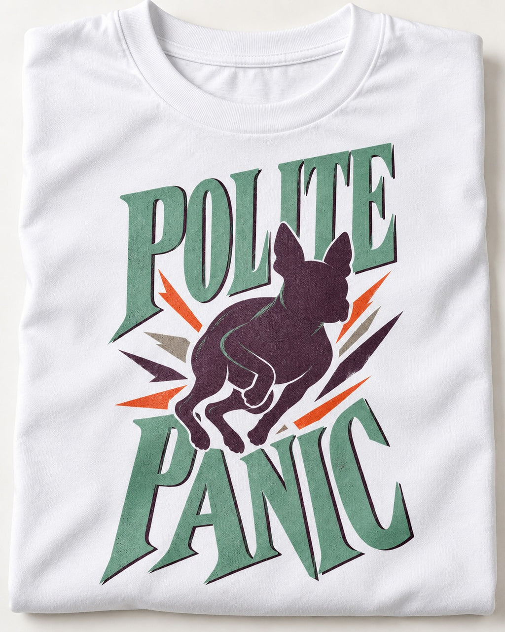 Polite Panic Boston Terrier T-Shirt in White, close-up of the graphic
