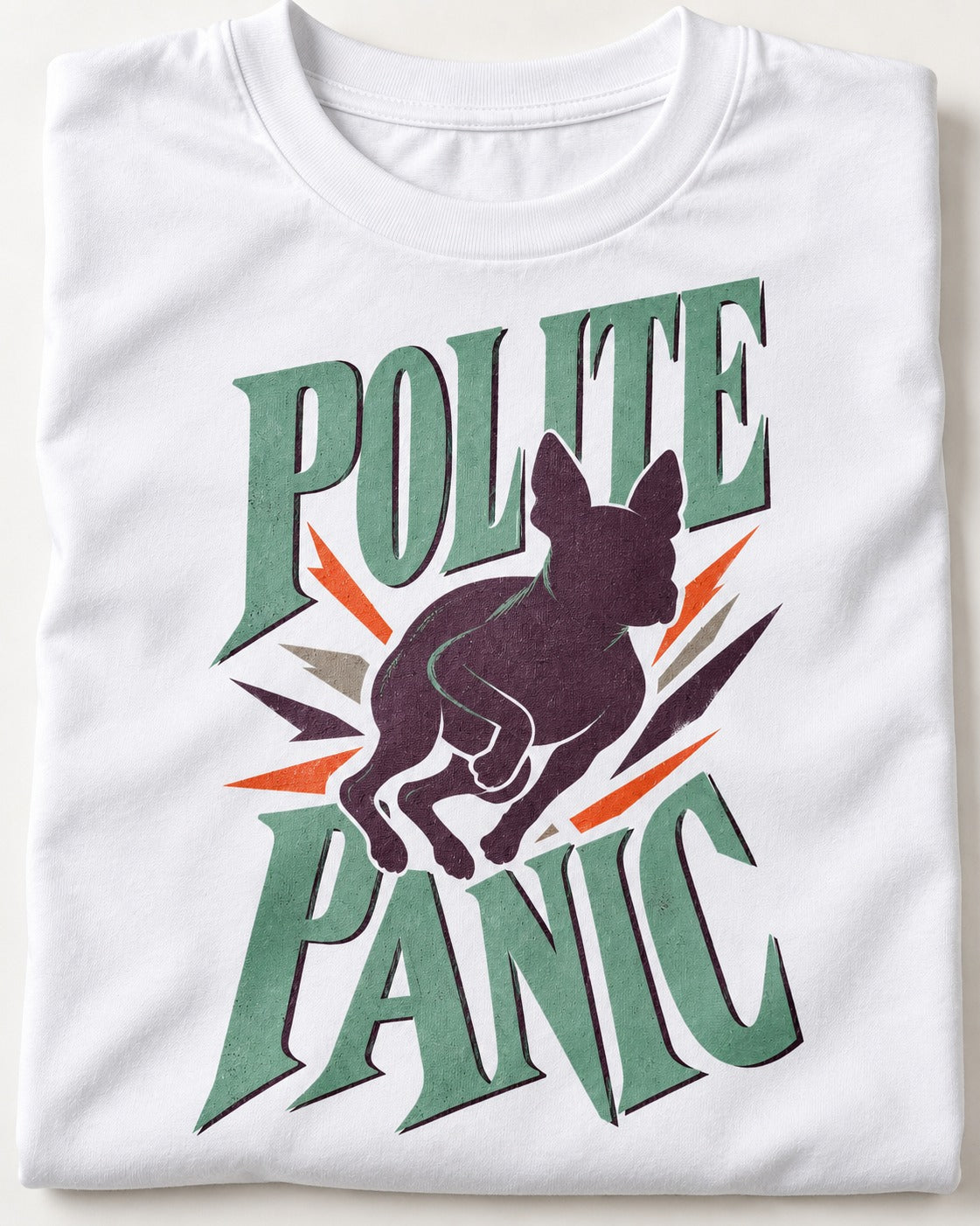 Polite Panic Boston Terrier T-Shirt in White, close-up of the graphic