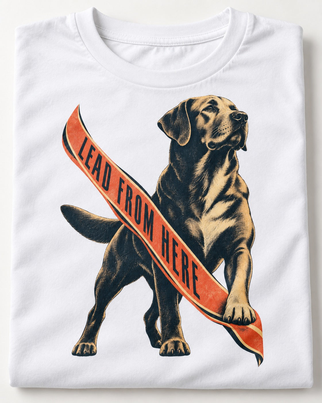 Lead From Here Labrador Retriever T-Shirt in White, close-up of the graphic