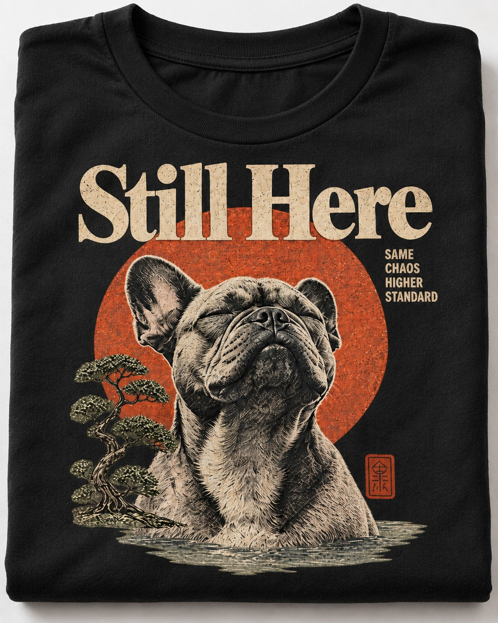 Frenchie Still Here Bonsai Portrait Graphic T-Shirt in Black, close-up of the graphic
