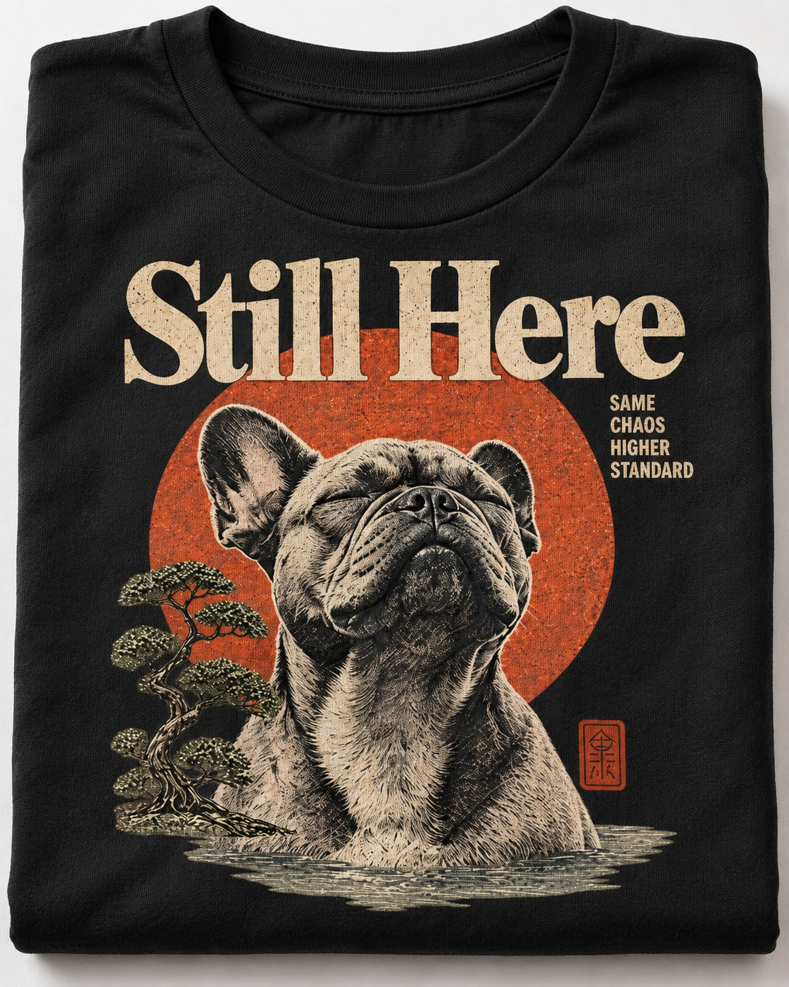 Frenchie Still Here Bonsai Portrait Graphic T-Shirt in Black, close-up of the graphic
