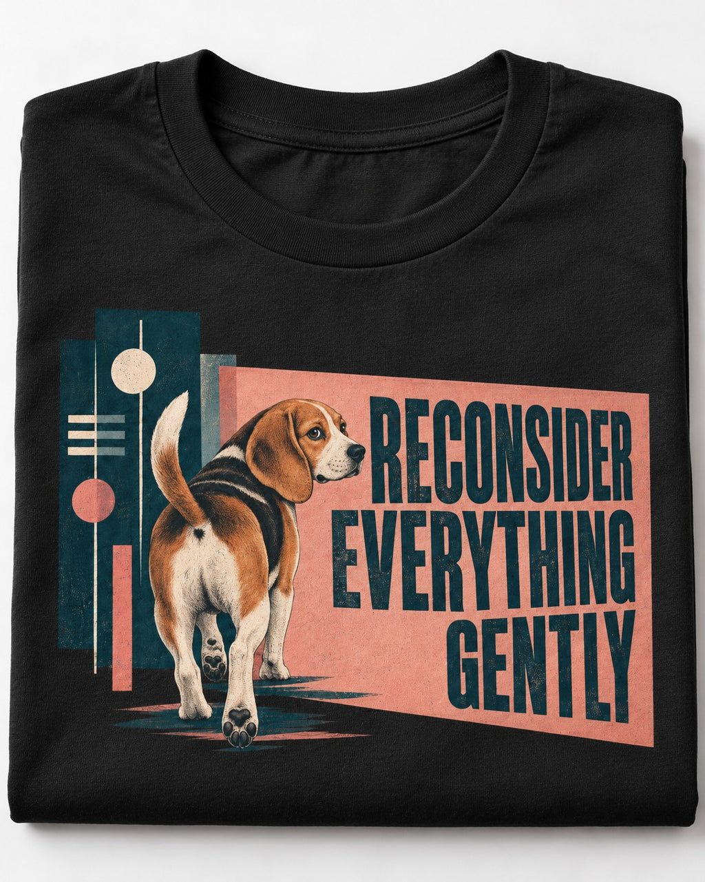 Beagle Reconsider Everything Gently Retro Graphic T-Shirt in Black, close-up of the graphic