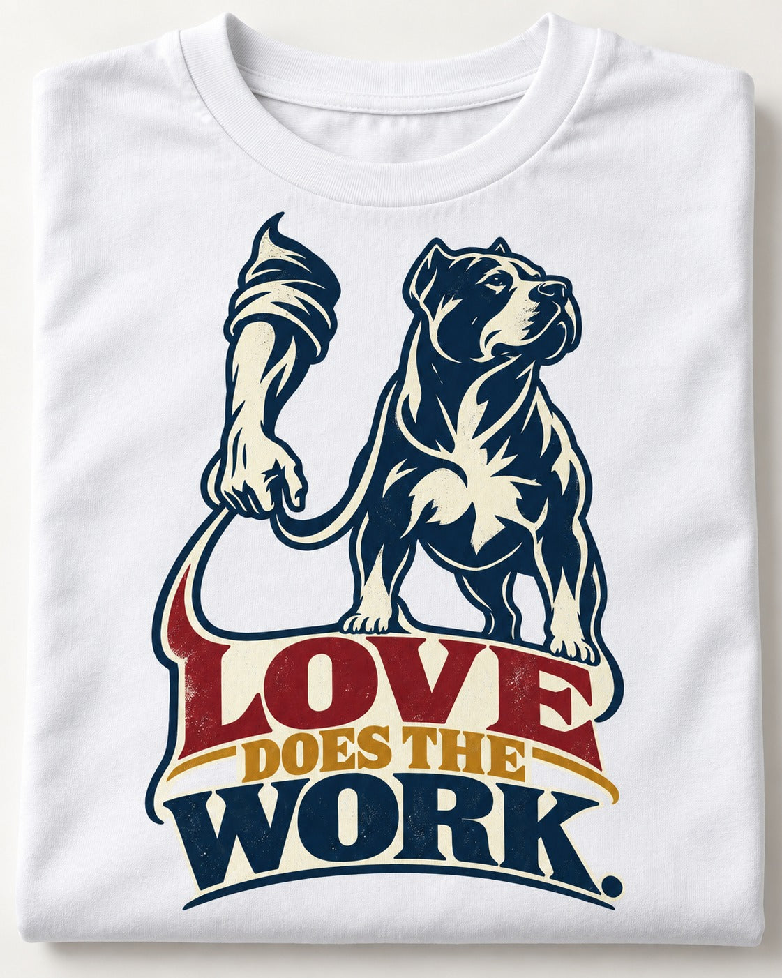 Pitbull Love Does the Work T-Shirt in White, close-up of the graphic