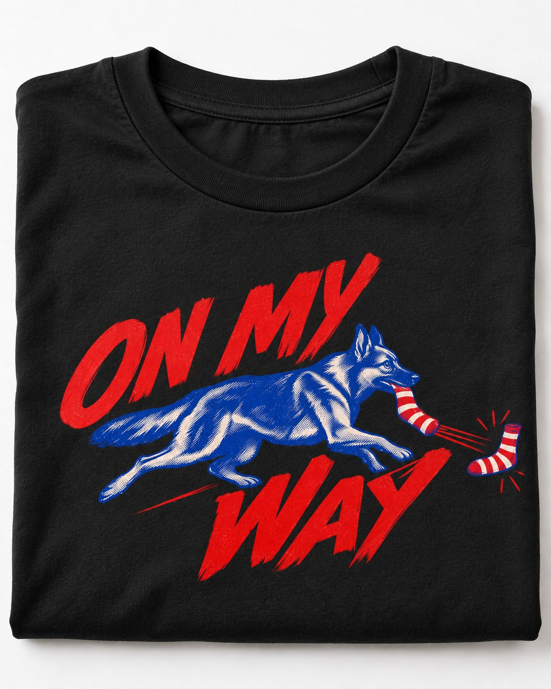 German Shepherd Dog On My Way Sock Chase Graphic T-Shirt in Black, close-up of the graphic