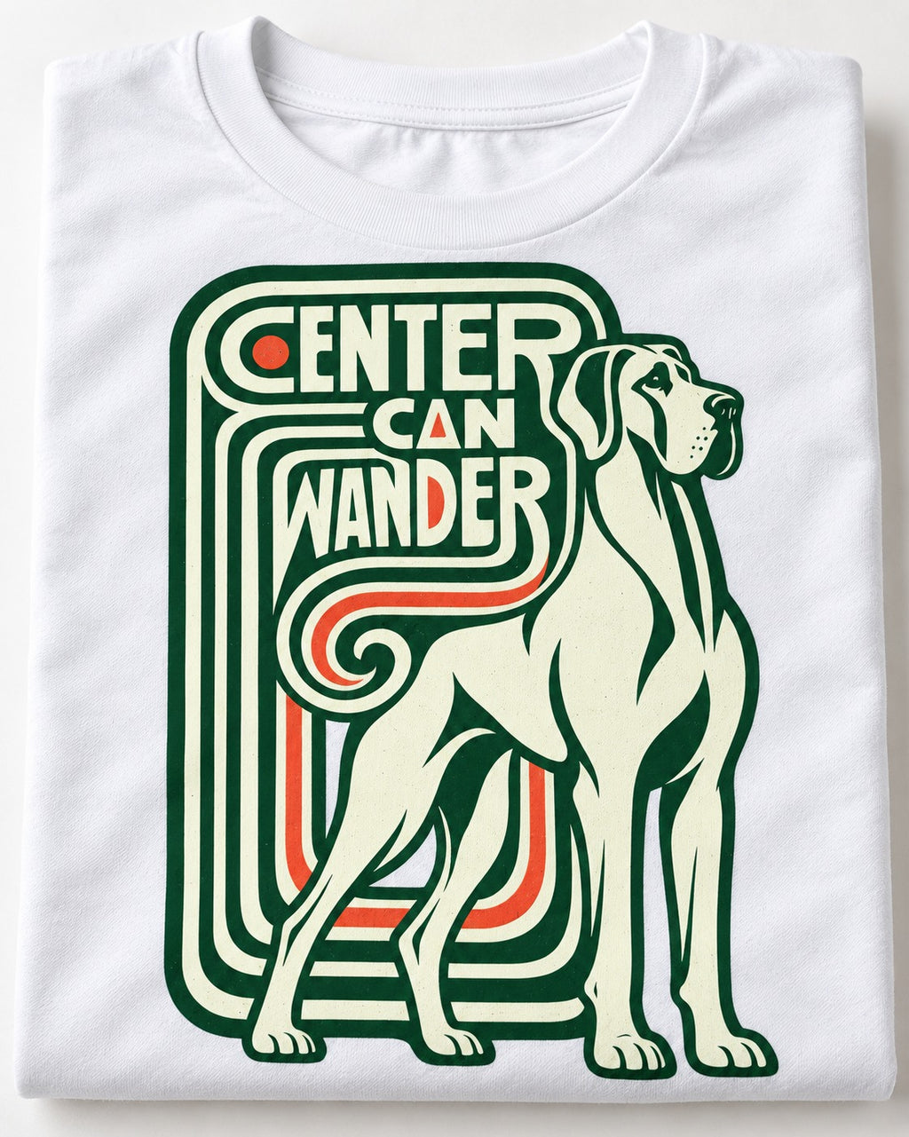 Great Dane Center Can Wander T-Shirt in White, close-up of the graphic