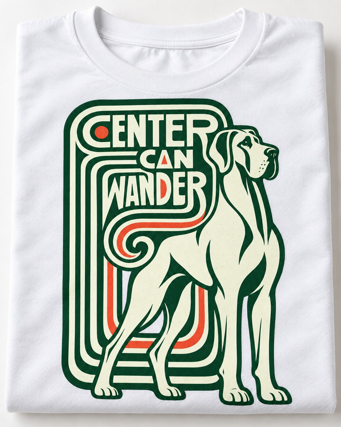 Great Dane Center Can Wander T-Shirt in White, close-up of the graphic
