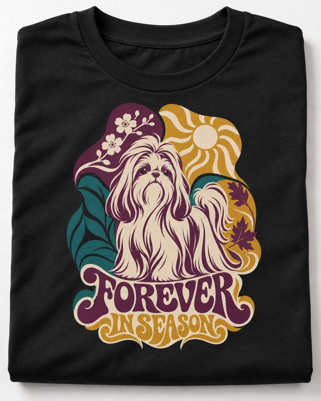Shih Tzu Forever in Season Botanical Sun Graphic T-Shirt in Black, close-up of the graphic