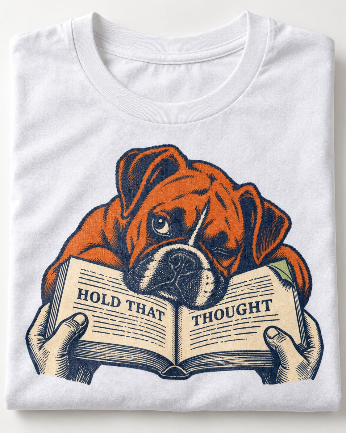 Boxer Hold That Thought T-Shirt in White, close-up of the graphic