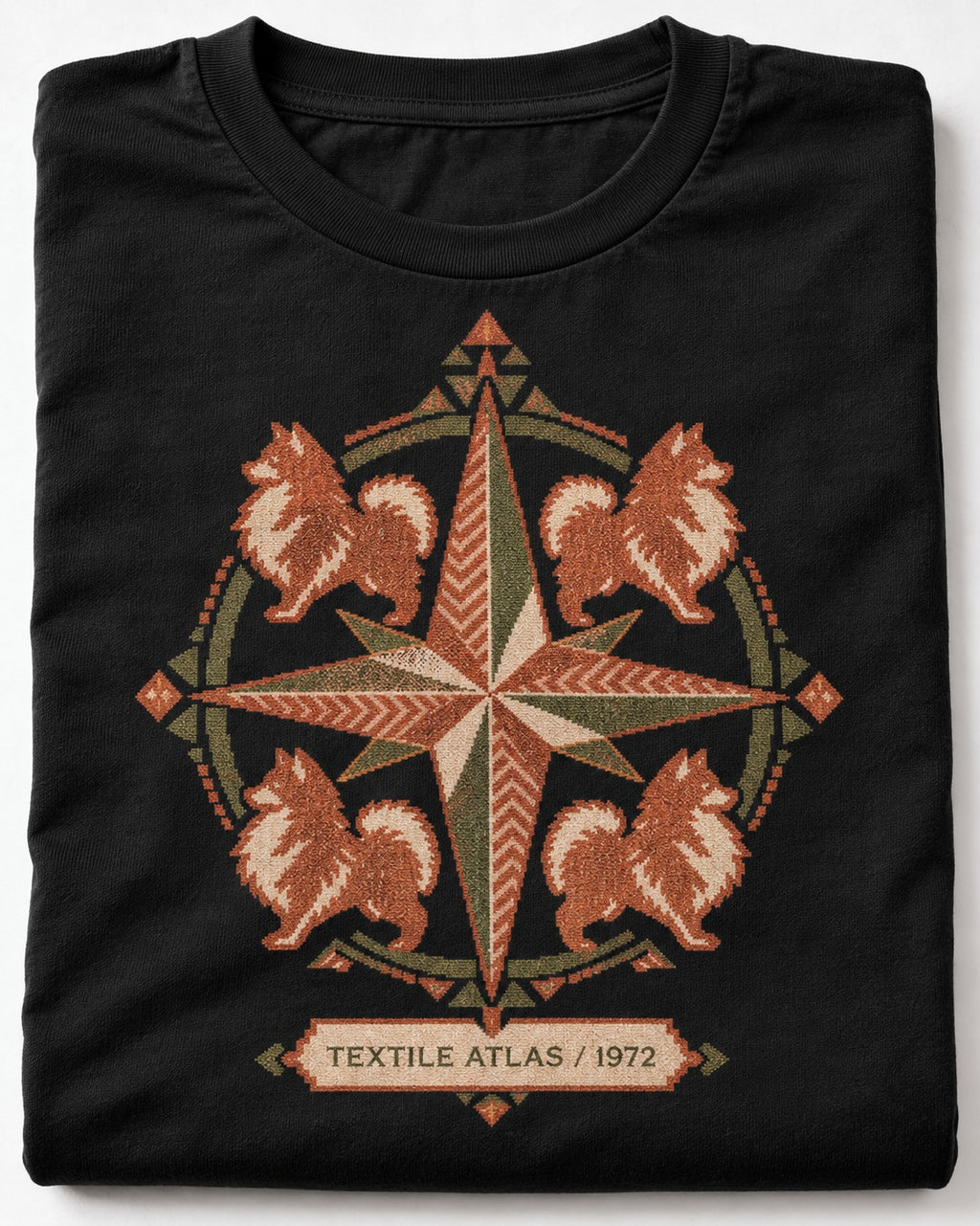 Pomeranian Textile Atlas Compass Rose Graphic T-Shirt in Black, close-up of the graphic