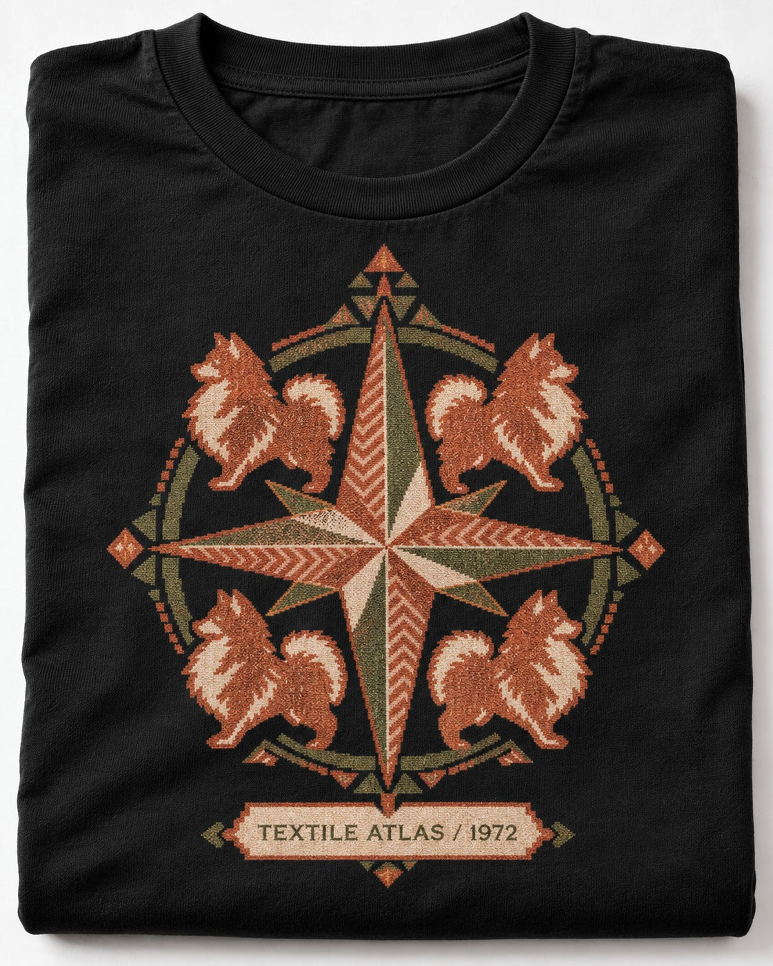 Pomeranian Textile Atlas Compass Rose Graphic T-Shirt in Black, close-up of the graphic