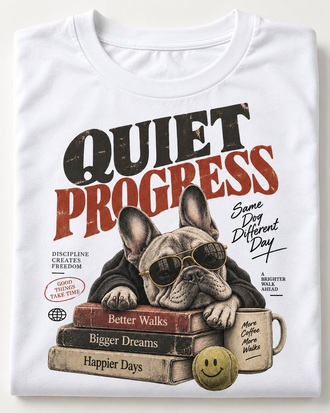 Quiet Progress Frenchie T-Shirt in White, close-up of the graphic
