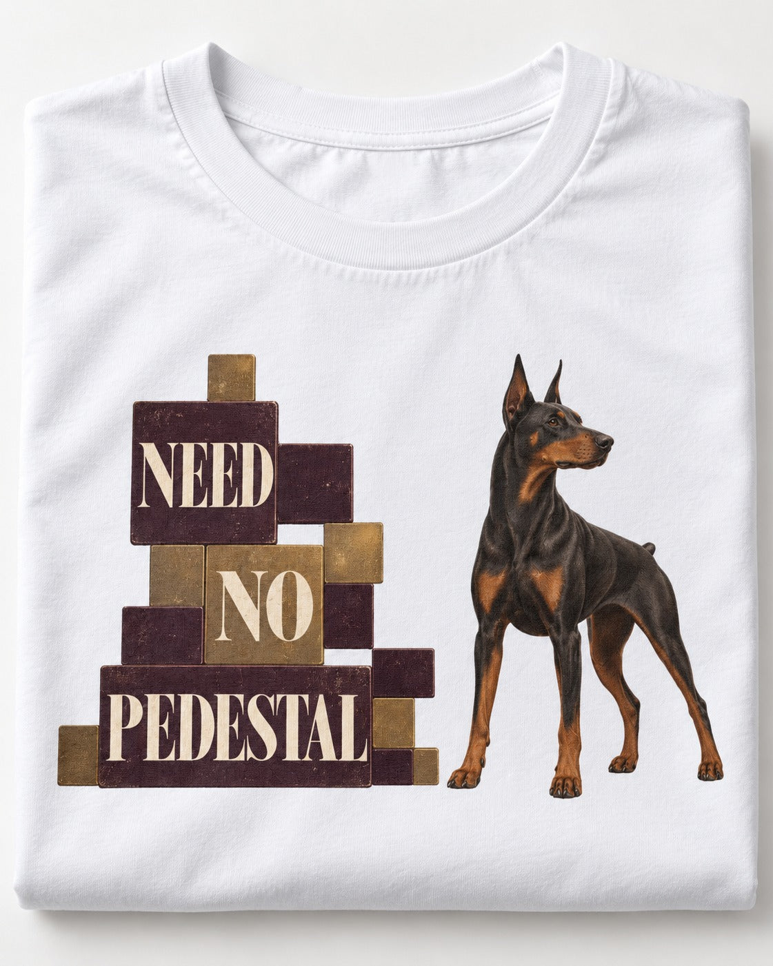 Doberman Need No Pedestal T-Shirt in White, close-up of the graphic
