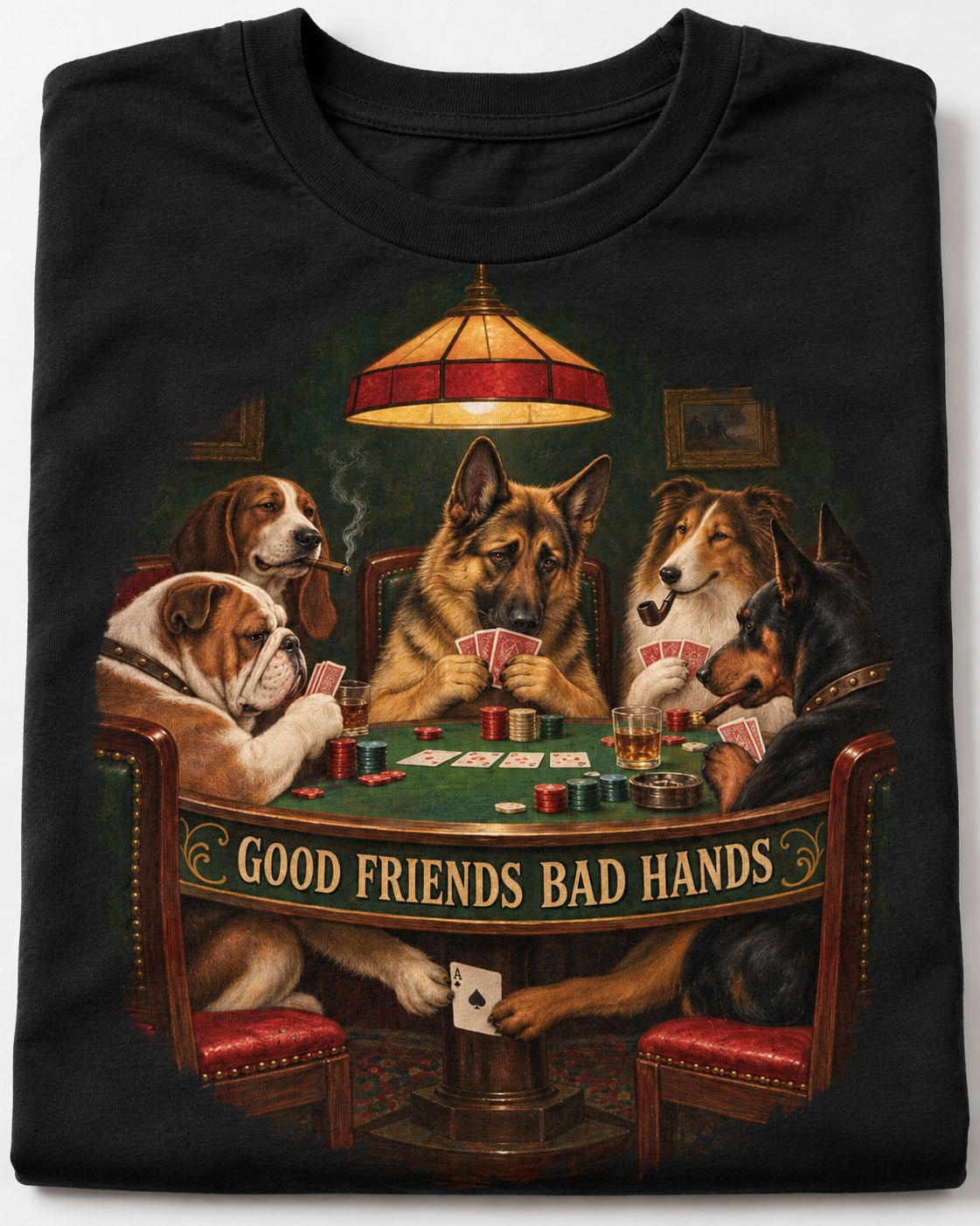 German Shepherd Dog Good Friends Bad Hands Poker Graphic T-Shirt in Black, close-up of the graphic